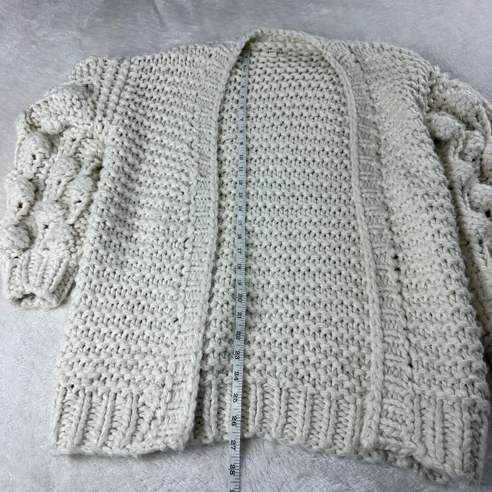 Adora Pom‎ Pom Sleeve Cardigan Womens One Size Cream Chunky Knit Open Front Boho